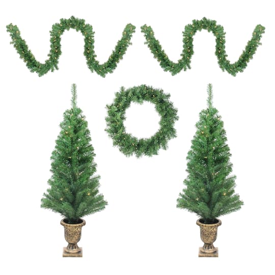 5-Piece Pre-Lit Winter Spruce Artificial Christmas Entryway Set, Clear Lights By Northlight in Green | Michaels®